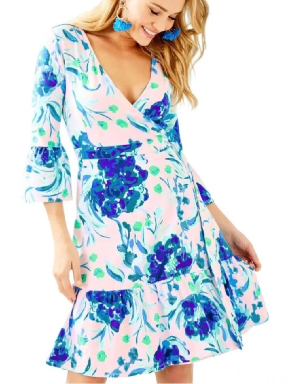 LILLY PULITZER Misha Wrap Dress Pink Tropics Tint Sweet Pea Floral Bell Sleeve L